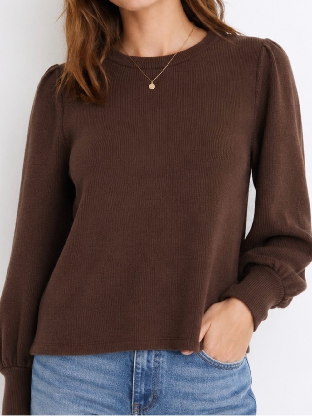 Madewell Brushed Knit Puff Sleeve Top Hot Cocoa Brown XS Cozy